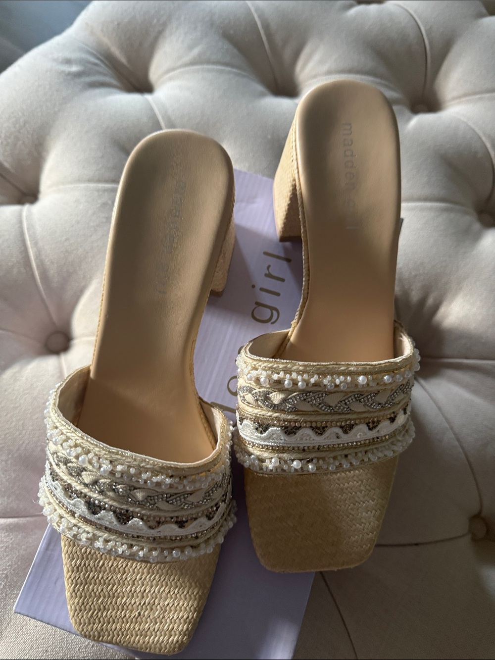 Madden Girl Cream Beaded Braided Wedge Slides